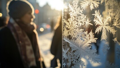 Wall Mural - frosty winter scene with person blurred in background.