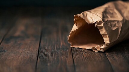 Leinwandbilder - Crumpled brown paper bag resting on a rustic wooden surface with a blurred background : Generative AI