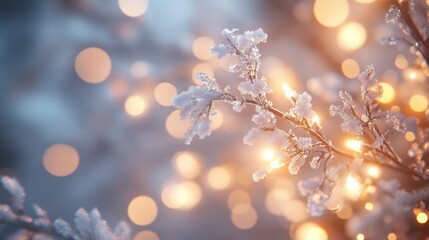 Wall Mural - Snow-covered branches with warm bokeh lights, winter scene.