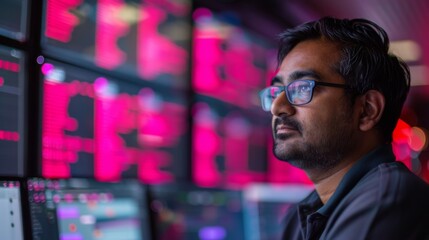 Leinwandbilder - A professional in glasses concentrates on various screens filled with colorful data during a late night shift at a cybersecurity firm, showcasing a high tech environment.