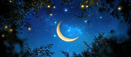 Sticker - Crescent moon shines brightly in a night sky filled with stars, framed by dark tree branches.