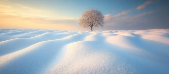 Poster - Solitary snow-covered tree on a serene, undulating snowfield at sunrise.