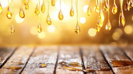 Poster - Golden Drops of Liquid Falling on Rustic Wooden Surface in Light