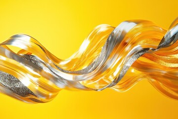 Wall Mural - abstract gold and silver ribbons swirling on yellow background.