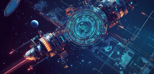 Wall Mural - futuristic spaceship orbiting planets, glowing with neon lights and intricate details.