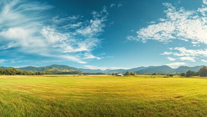 Wall Mural - Panoramic view of a vast golden field under a vibrant blue sky with fluffy clouds, mountains in the distance, and a small house.