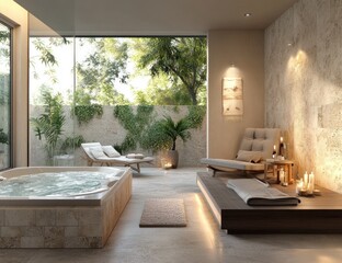 Wall Mural - Luxurious spa interior with hot tub, lounge chairs, and natural light.