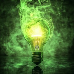 Fototapete - Green Energy Idea: A luminous light bulb emits vibrant green smoke, reflecting its innovative power on the surface.