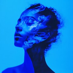 Leinwandbilder - Serene Blue: An Ethereal Portrait of Contemplation and Flowing Energy, a Dreamlike Fusion of Beauty and Abstract Motion