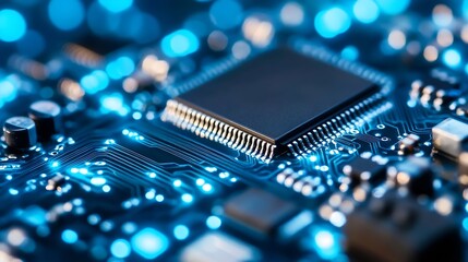 Fototapete - Hightech circuit board detail showcasing intricate components and glowing lights for electronics design : Generative AI