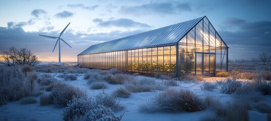 Poster - Illuminated greenhouse in snowy landscape with wind turbine at sunset.