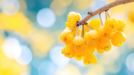 Aufkleber - Beautiful Yellow Flowers Hanging from Branch with Blue Background