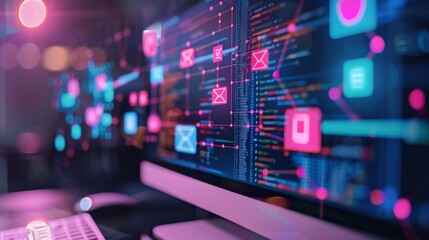 Leinwandbilder - A detailed view of a computer screen, showcasing colorful graphics and icons that symbolize data flow and communication in a modern tech workspace during evening hours.