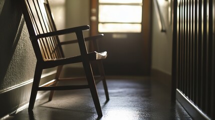 Leinwandbilder - Lonely wooden rocking chair in a dimly lit hallway creating a nostalgic and inviting atmosphere : Generative AI
