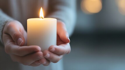 Leinwandbilder - Gentle hands holding a lit white candle creating a warm and inviting ambiance in a calm setting : Generative AI