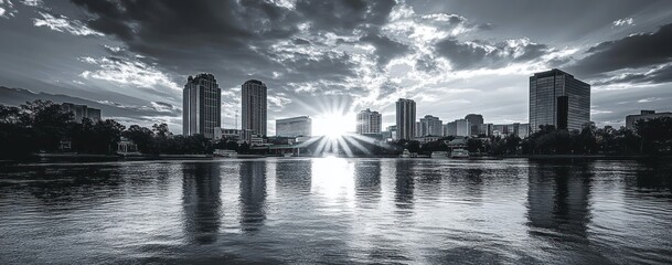 Wall Mural - Black and white cityscape sunset reflecting on calm water.