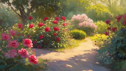 Poster - Sunlit garden path winds through vibrant rose bushes and flowering shrubs.