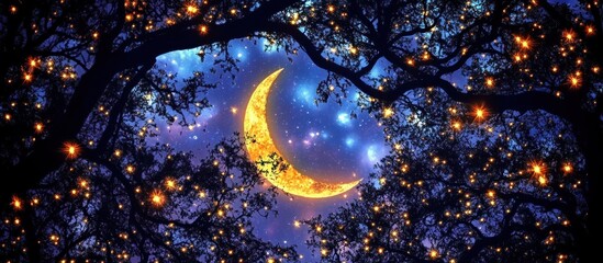 Wall Mural - crescent moon glowing in a night sky framed by twinkling lights on trees.