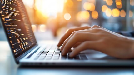 Professional programmer coding on a laptop with sunlight creating a warm atmosphere : Generative AI