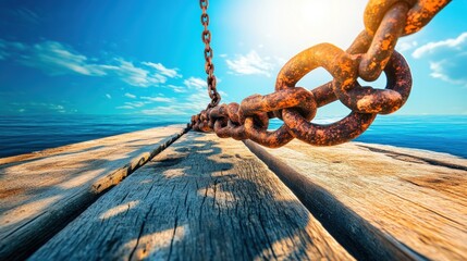 Aufkleber - Rusty Chain Hanging Over Weathered Dock with Calm Ocean View