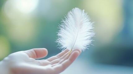 Aufkleber - Delicate white feather held gently in a hand against a blurred background creating a serene feeling : Generative AI