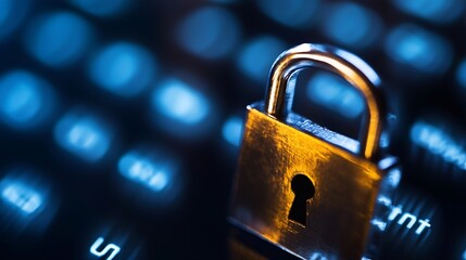 Poster - Closeup image of a padlock on a keyboard illustrating cybersecurity and data protection concepts : Generative AI