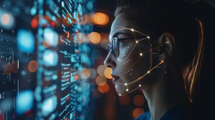 Fototapete - A person with glasses focuses intently on a digital display, analyzing intricate data patterns and facial recognition features in a vibrant, urban environment at night.