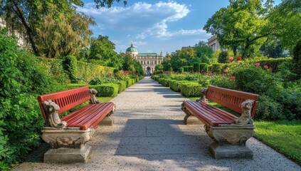 Wall Mural - Two red benches in a formal garden with a building in the background on a sunny day.