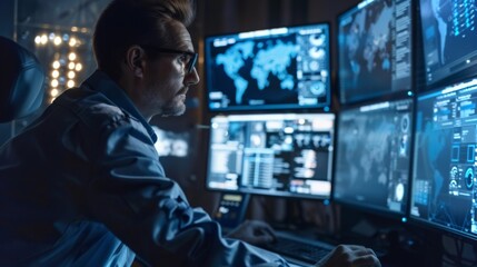 Leinwandbilder - A man in glasses focused on various computer screens displaying maps and data in a control room. The environment is dimly lit, suggesting nighttime work on technology.