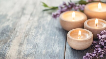 Canvas Print - Soothing arrangement of lit scented candles surrounded by lavender on a rustic wooden table : Generative AI