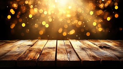Poster - Sparkling Bokeh Lights Over Wooden Surface for Festive Background