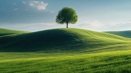 Canvas Print - Solitary tree atop hill, verdant field, serene landscape