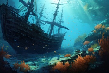 Canvas Print - Ship sea underwater shipwreck, digital paint illustration. image