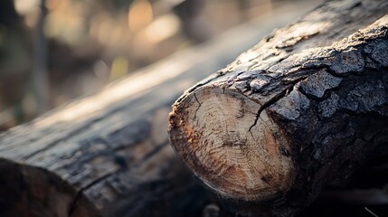 Poster - Close up view of a rustic wooden log with intricate bark detail and natural texture out in nature : Generative AI