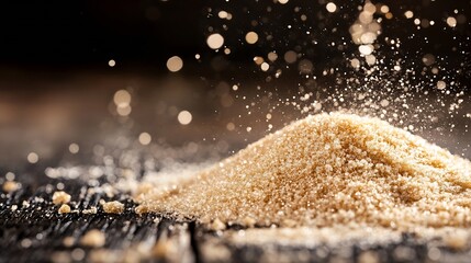 Poster - Golden sugar granules scattering in a soft focus shot creating an enchanting and sweet atmosphere : Generative AI