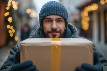 Wall Mural - Courier preparing to deliver large parcel to delivery van in urban setting. Generative AI