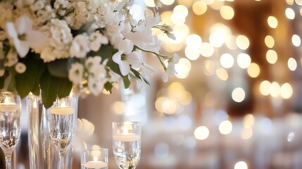 Poster - Stunning floral arrangement with elegant white flowers and soft candlelight creating a dreamy atmosphere for events : Generative AI