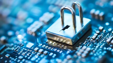 Leinwandbilder - Macro closeup of a silver padlock resting on a computer circuit board with intricate details and blue lights : Generative AI