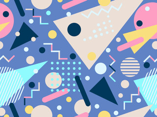 Wall Mural - Geometric seamless pattern with memphis elements in 80s style. Colorful geometric pattern. Design of promotional products, wrapping paper and printing. Vector illustration