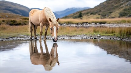 Fototapete - A beautiful golden horse drinking water from a serene pond surrounded by lush greenery and scenic mountains : Generative AI