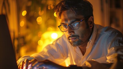 Aufkleber - A person wearing glasses concentrates on a laptop screen in a cozy room filled with ambient lighting. The warm glow creates an intimate atmosphere perfect for late night work.