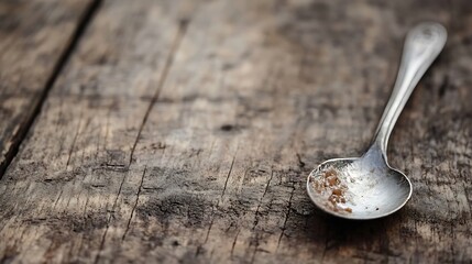 Leinwandbilder - Close up of a vintage silver spoon resting on a rustic wooden table with scattered sugar grains : Generative AI