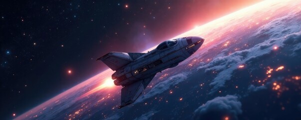 Wall Mural - spacecraft spinning in orbit around the earth, stars, galaxy