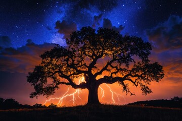 Wall Mural - Silhouetted oak tree stands majestically against a fiery sunset backdrop, illuminated by dramatic lightning strikes and a starry sky.