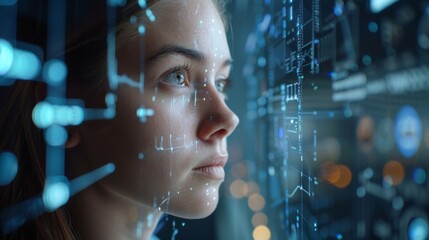 Leinwandbilder - A young woman gazes intently at floating digital interfaces, immersed in a technological environment filled with blue holographic displays and lights.