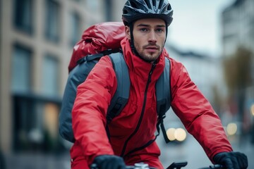 Wall Mural - Young courier riding a bicycle in a modern city street setting. Generative AI