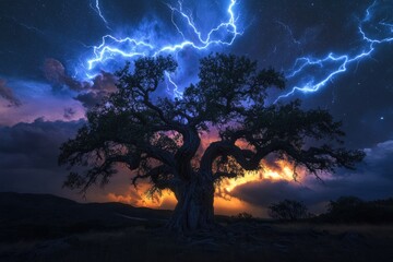Wall Mural - Majestic ancient tree silhouetted against a vibrant sunset and dramatic lightning storm.