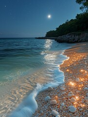 Wall Mural - Moonlit beach stones and swirling golden sand sparkle in the green sea