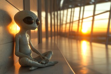 Wall Mural - Alien figure resting by a window during sunset in a modern building