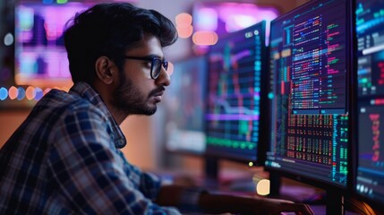 Leinwandbilder - Individual intently examines several computer screens displaying colorful graphs and data, immersed in analysis in a tech driven environment illuminated by soft lighting.